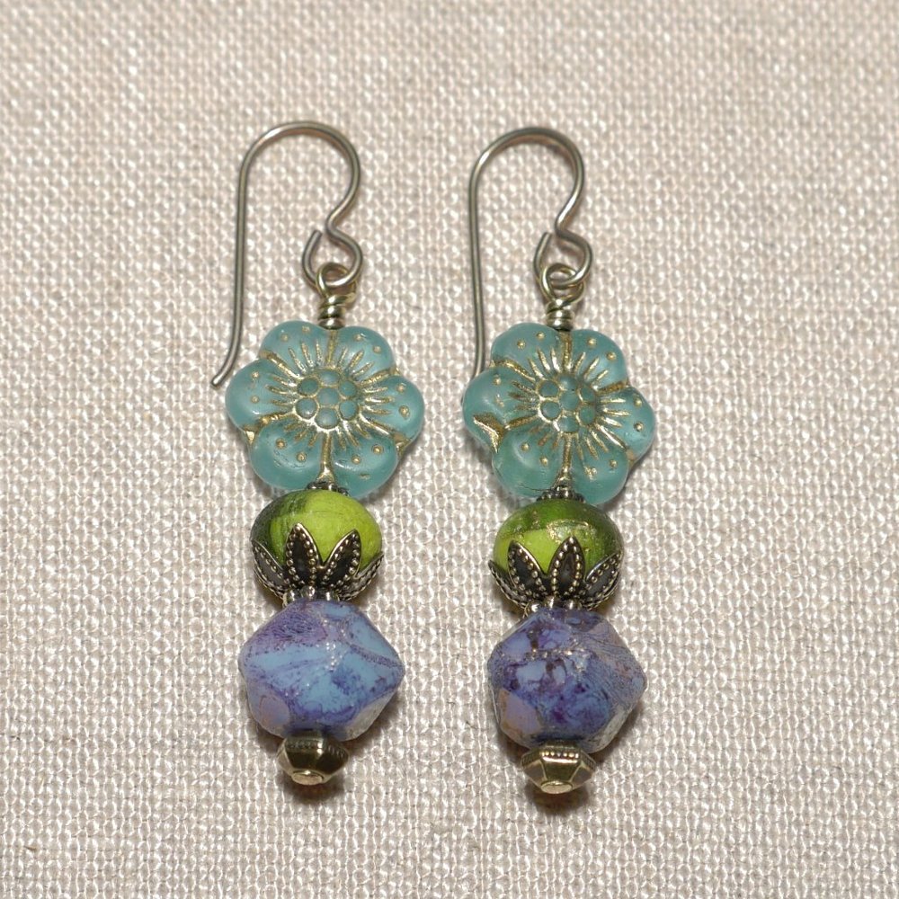 Handmade Hand Crafted Earrings Aqua Green & Lavender Czech Glass Flower …